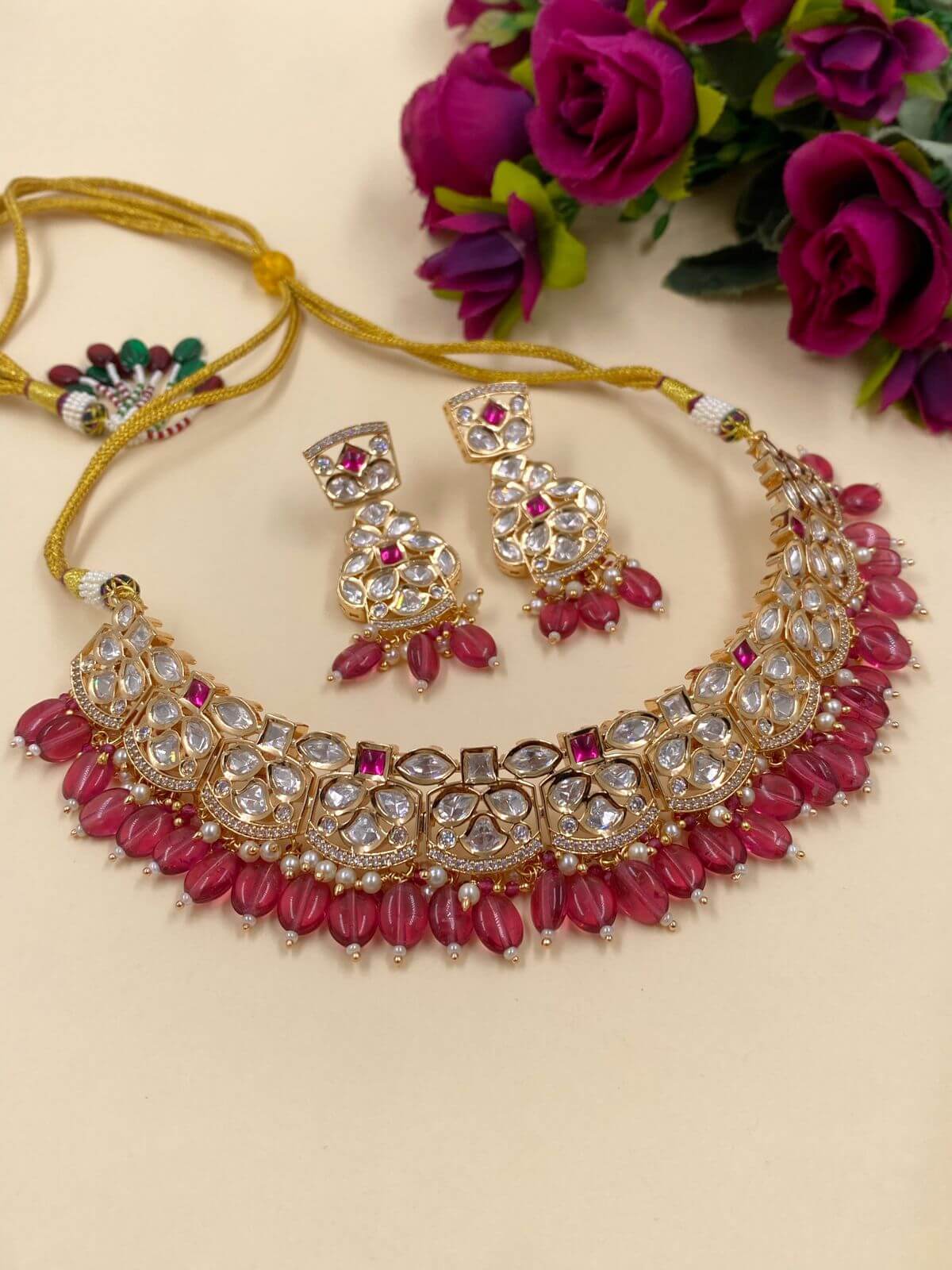  Designer Kundan Polki pink Choker Necklace Set for women online
