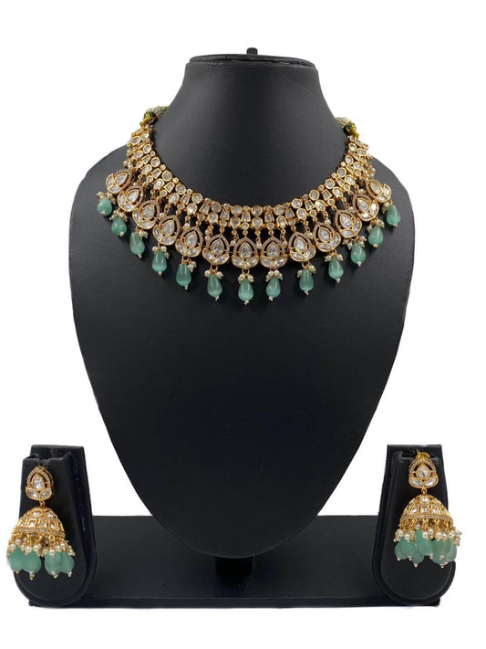 Designer Mint Green Bridal Polki Necklace Set 