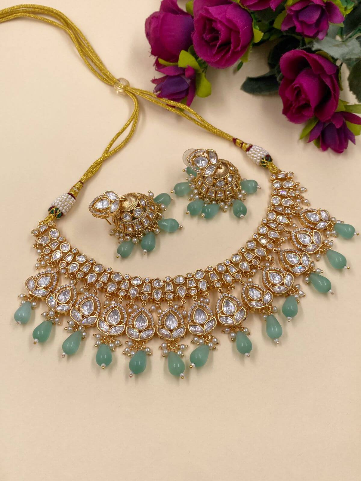 Designer Mint Green Bridal Polki Necklace Set 