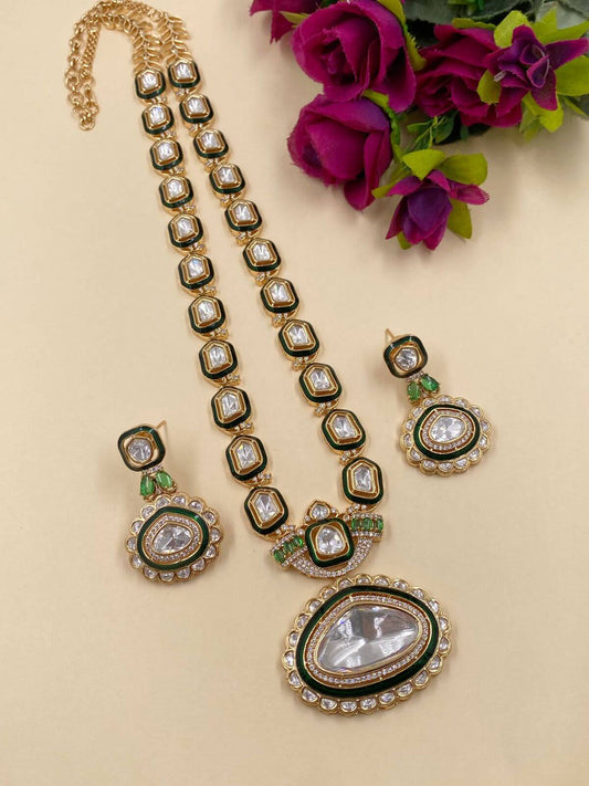 Heavy Quality Designer Long Uncut Green Polki Necklace Set for weddings 