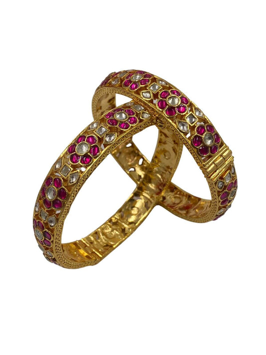Gold Plated traditional heavy quality Ruby and Polki Jadau Bangles Set 