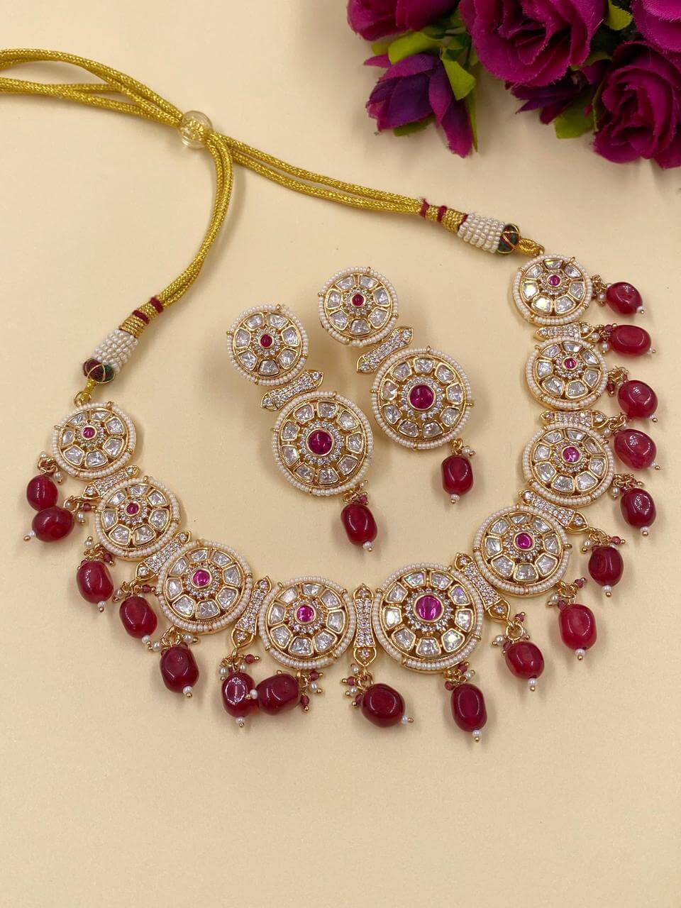 Designer Pink Polki Jewellery Necklace Set for weddings, engagements and marriage receptions online 
