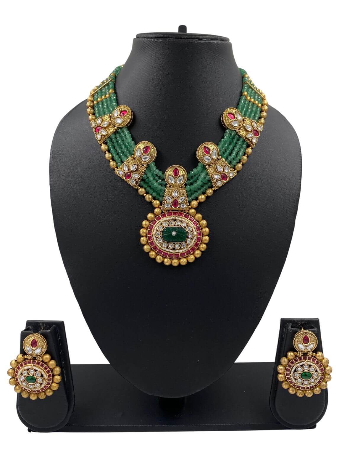 Royal Look Mint Green Antique Gold Jewellery Necklace Set For Weddings