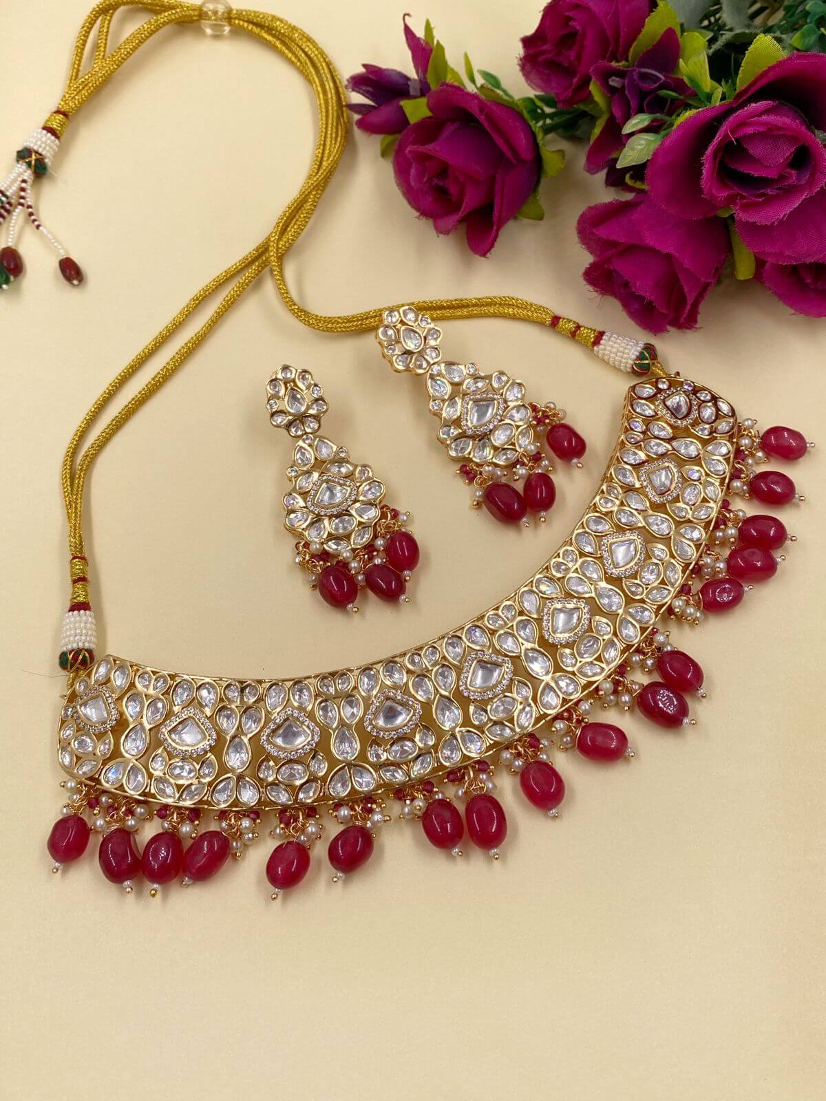 Designer Maroon  Kundan Polki Choker Necklace Set for weddings , parties , sangeet and engagement ceremonies