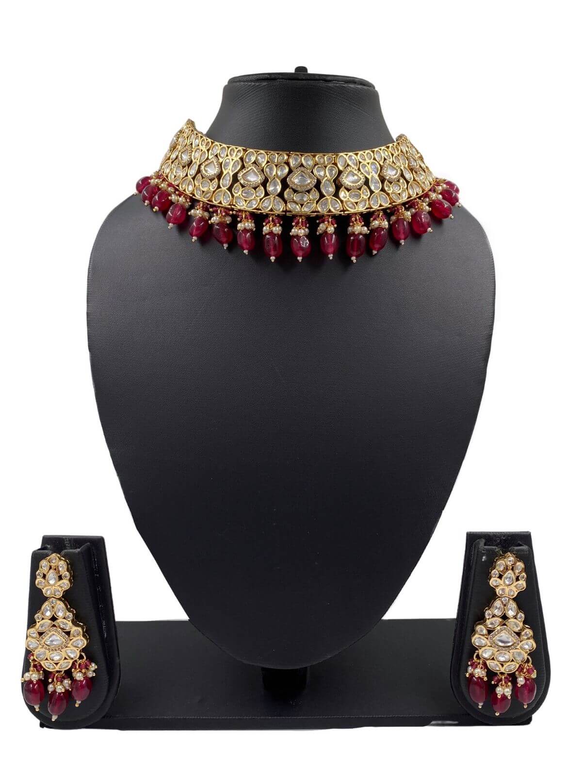 Designer Maroon  Kundan Polki Choker Necklace Set for weddings , parties , sangeet and engagement ceremonies