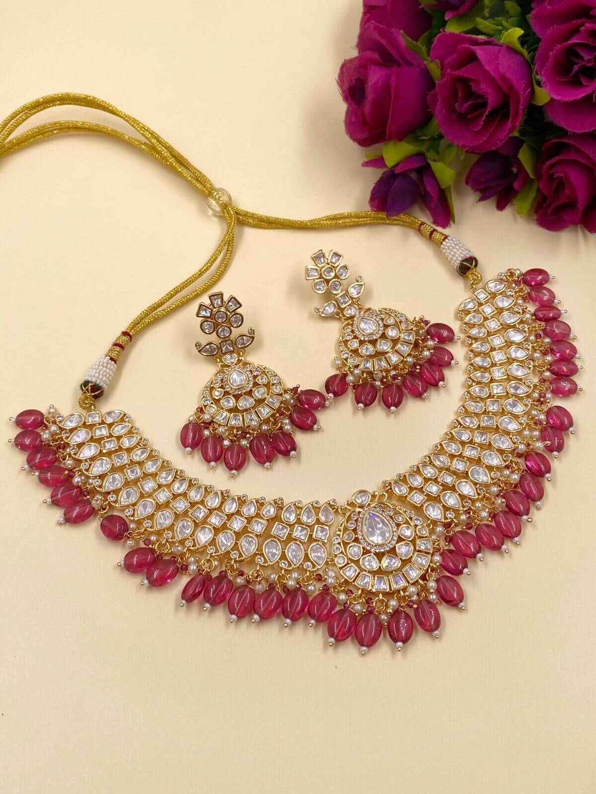  Unique Wedding Pink Polki Jewellery Necklace Set for weddings, parties, sangeet and engagement ceremonies