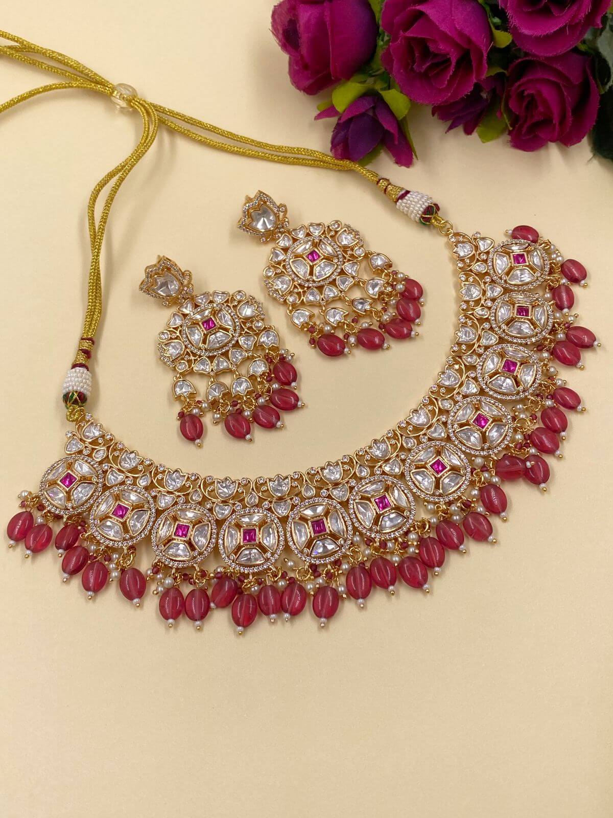 Beautiful Wedding Pink Polki Jewellery Necklace Set 