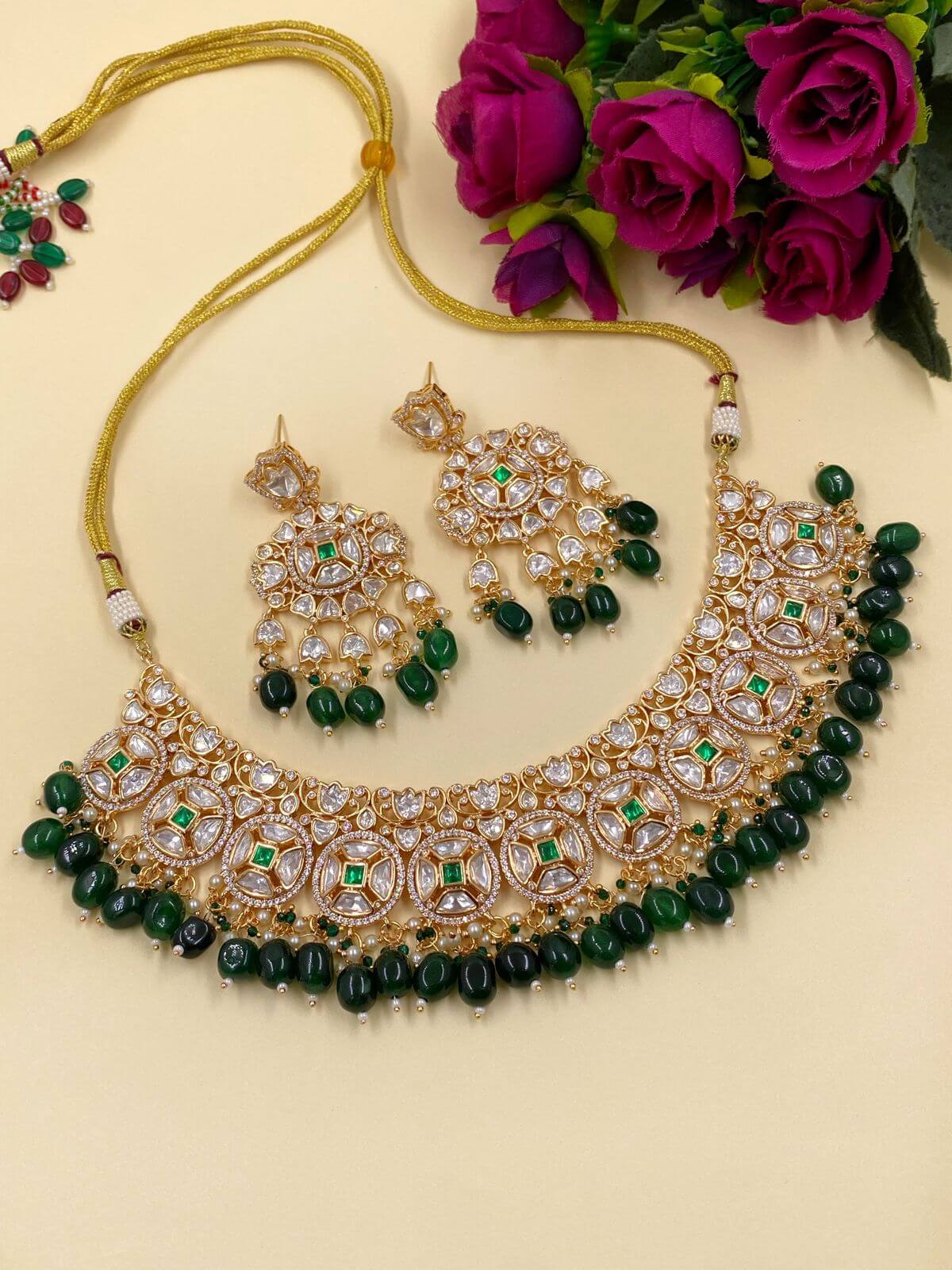 Beautiful Wedding Green Polki Jewellery Necklace Set 