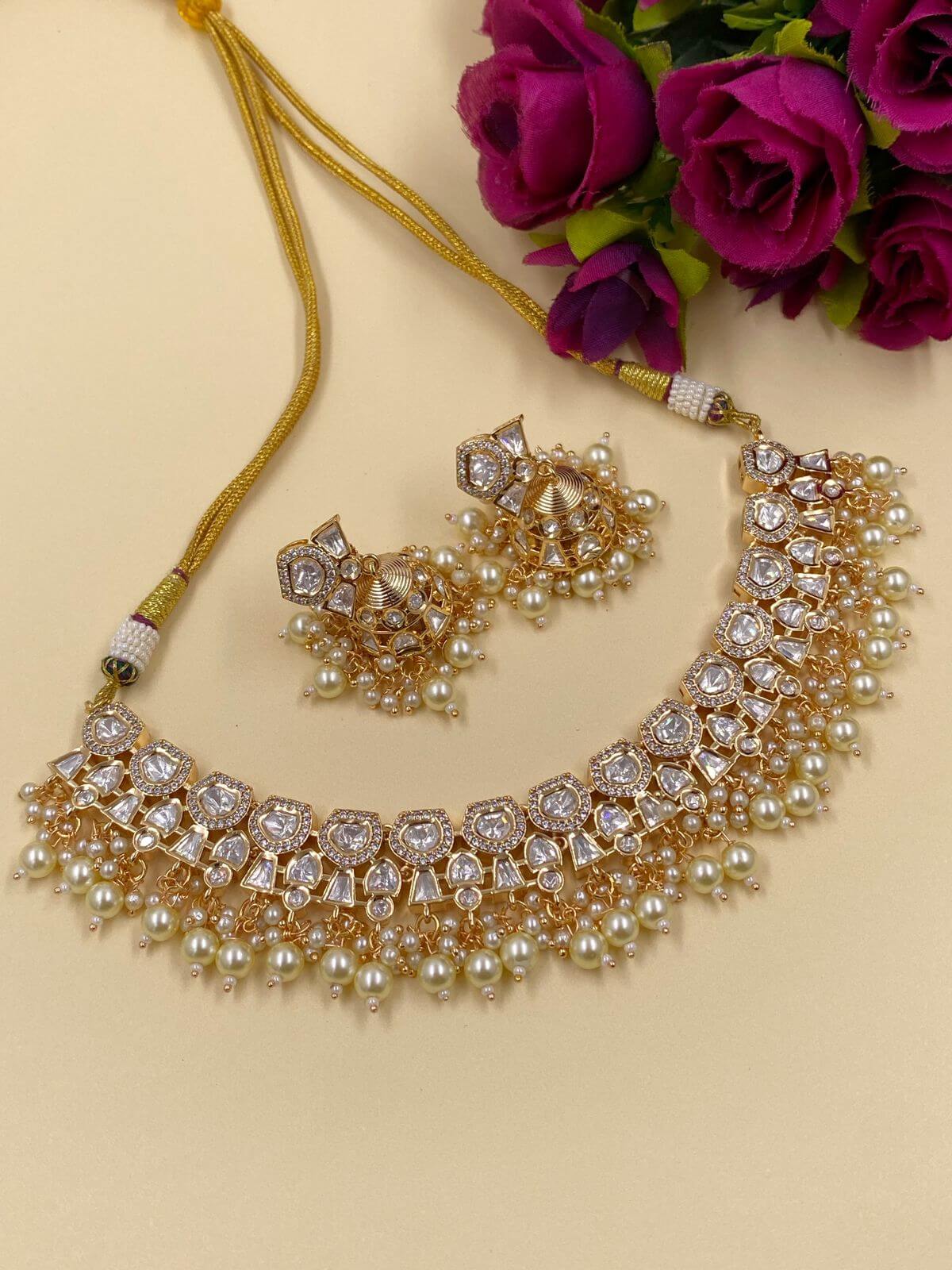  Short Kundan Pink Polki Necklace Set | Party Wear Jewellery Online 