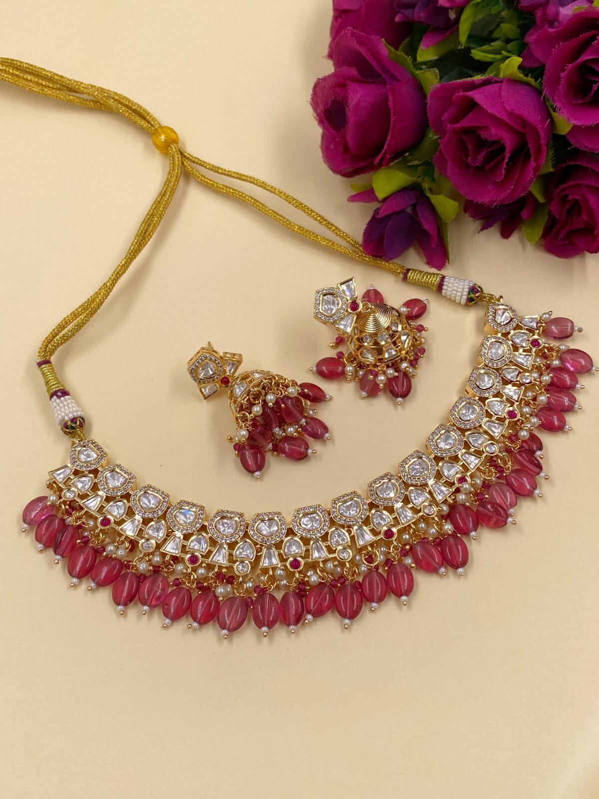  Short Kundan Pink Polki Necklace Set | Party Wear Jewellery Online 