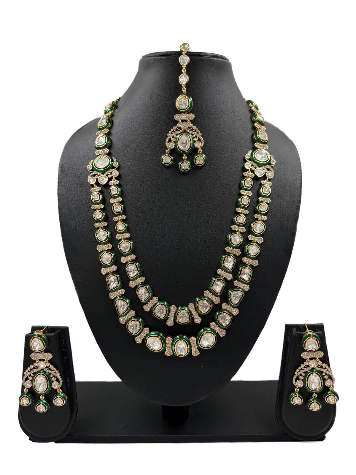 Heavy Quality Designer Long Double Layer Green Polki Necklace Set with tikka for weddings and parties online