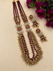 Designer Long Layered Maroon Jade Beads Necklace With Kundan Broohes Beads Jewellery