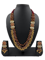 Designer Long Layered Jade Beads Necklace With Kundan Brooches
