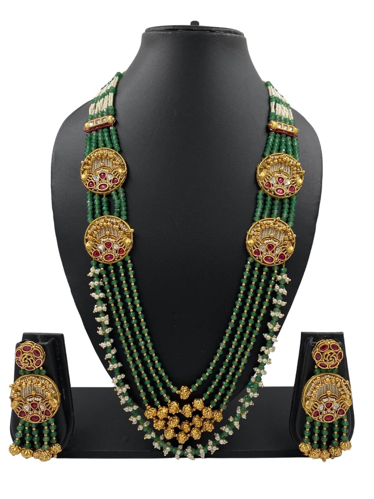  Long Layered Green Beads Haram Necklace With Antique Kundan Brooches