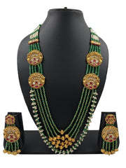  Long Layered Green Beads Haram Necklace With Antique Kundan Brooches