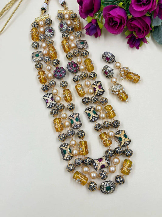  Long Triple Layered Jadau Multi Color Beaded Necklace Set By Gehna Shop