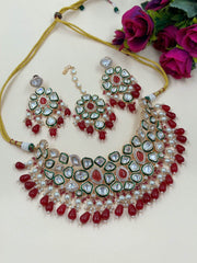 designer uncut Kundan Polki Bridal Maroon Jewellery Necklace Set