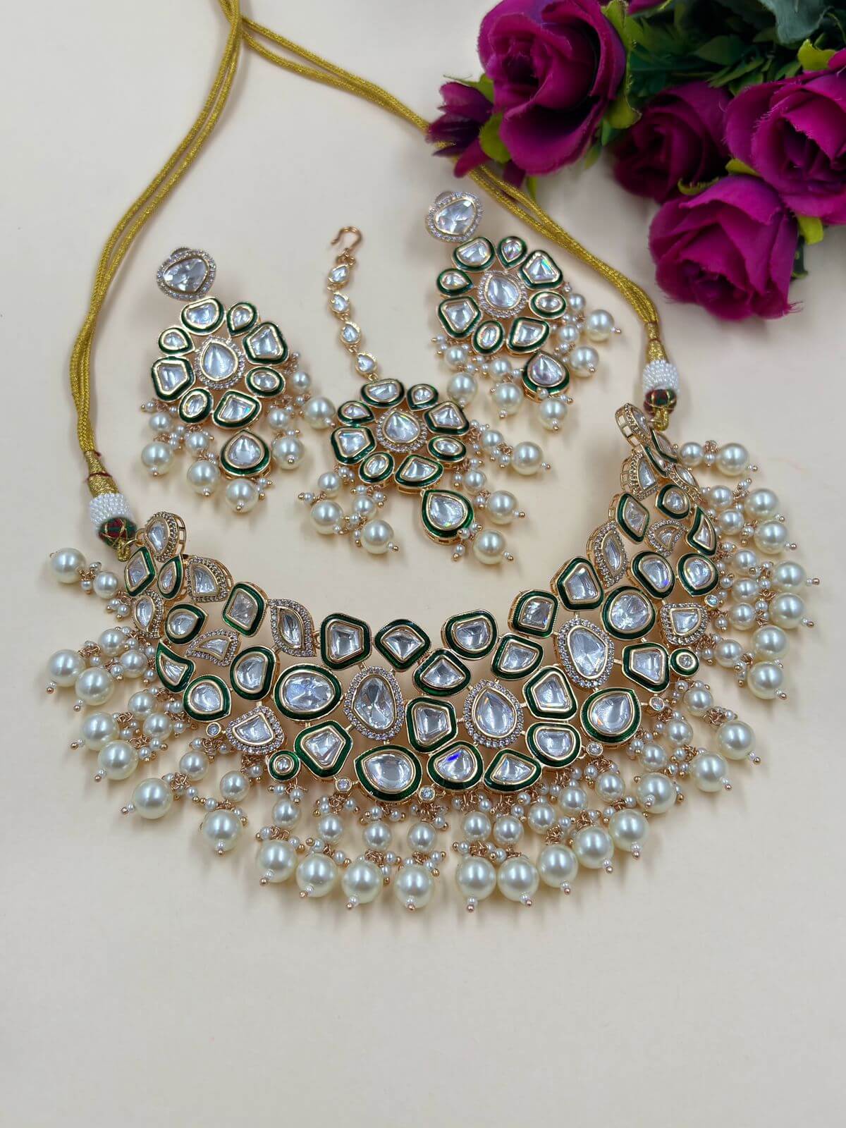 designer uncut Kundan Polki Bridal Jewellery Necklace Set
