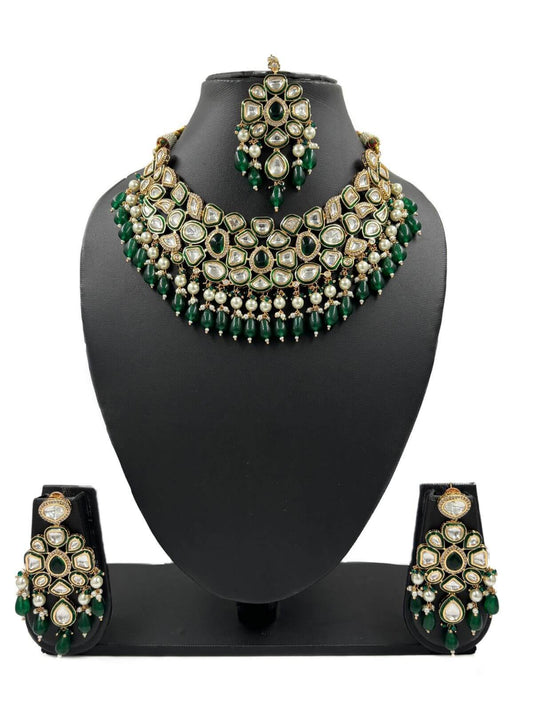 designer uncut Kundan Polki Green Bridal Jewellery Necklace Set