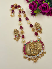 Goddess Lakshmi Temple Jewellery Necklac Set With Red Jade Beads Ganthan Mala