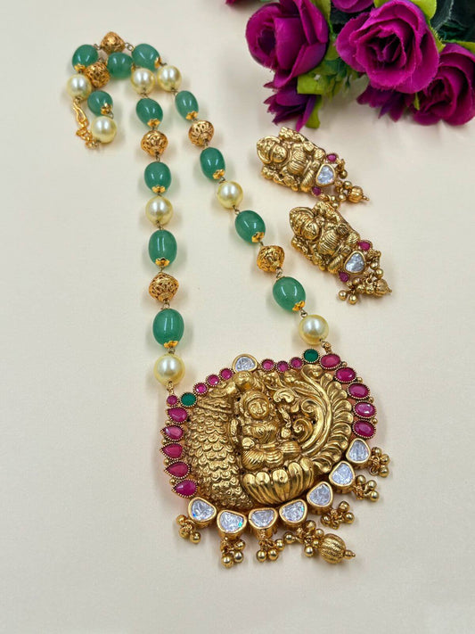Goddess Lakshmi Temple Jewellery Necklac Set With green Jade Beads Ganthan Mala