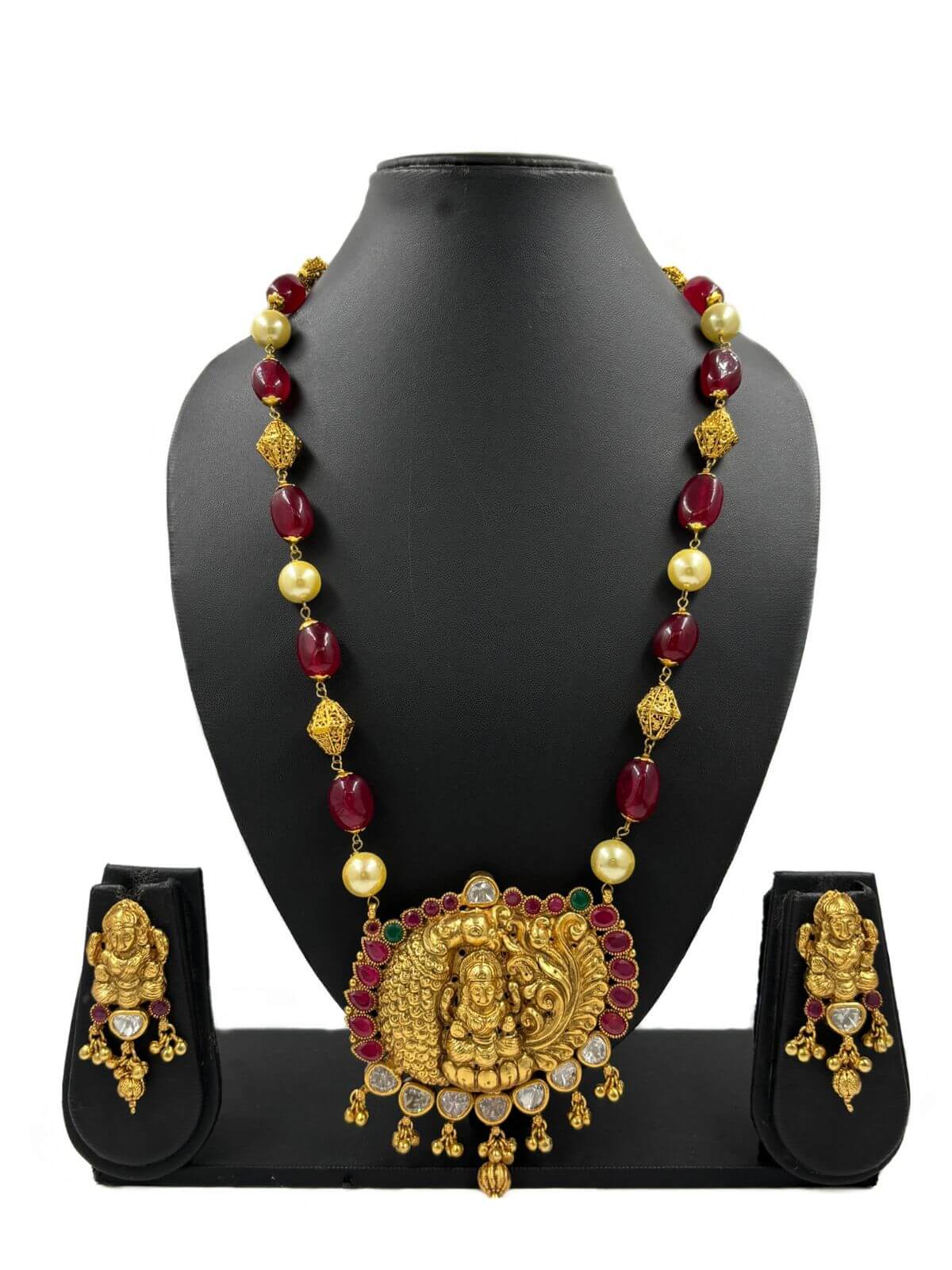 Goddess Lakshmi Temple Jewellery Necklac Set With Jade Beads Ganthan Mala