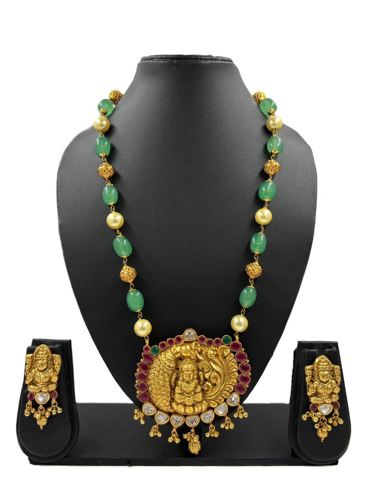 Goddess Lakshmi Temple Jewellery Necklac Set With  Green Jade Beads Ganthan Mala