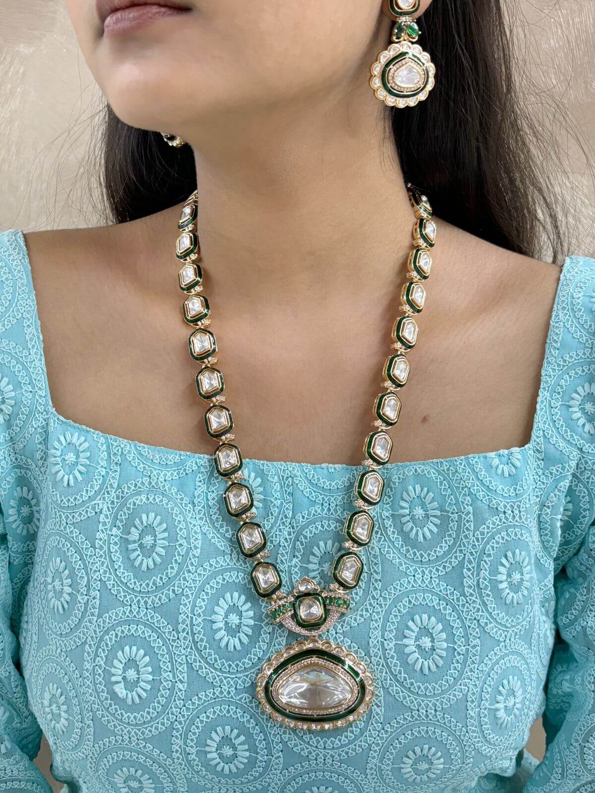  Designer Uncut Green Long Kundan Polki Necklace Set By Gehna Shop