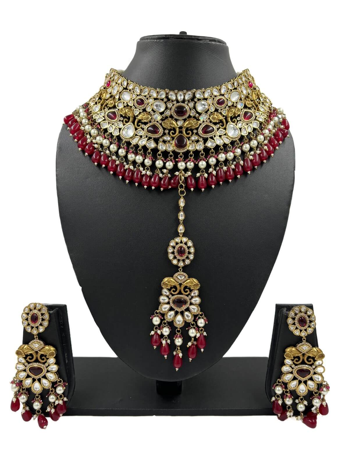 Maharani Designer Polki Kundan Red Bridal Jewellery Necklace Set By Gehna Shop
