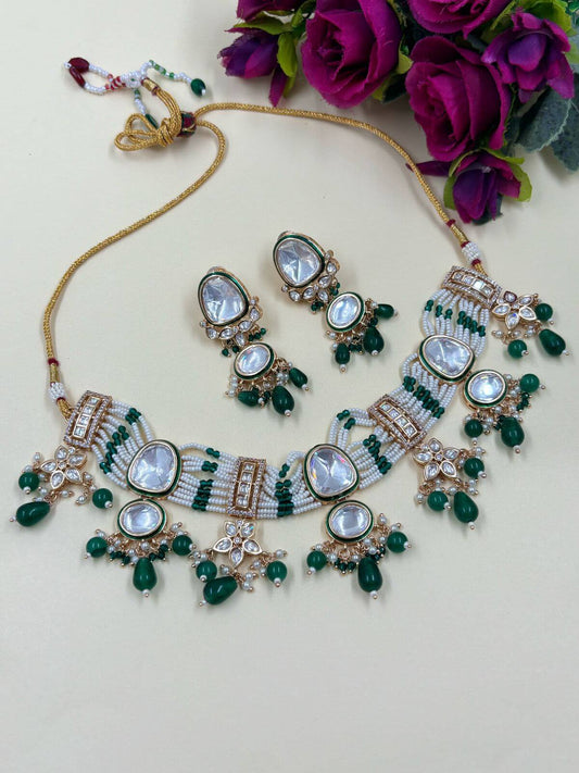  Beautiful Green Polki Pearl Choker Necklace Set | Choker Jewellery 