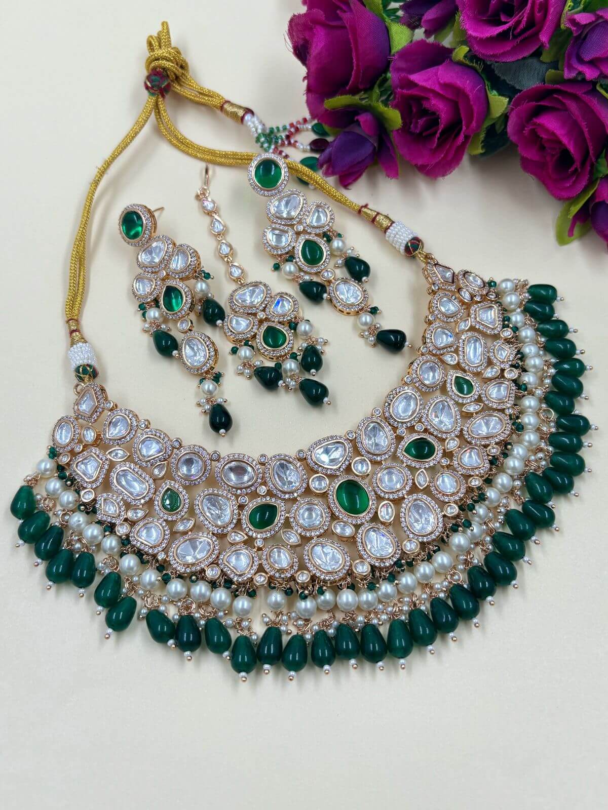 Padmini Kundan Polki Bridal Necklace Set Wedding Jewellery Set Green