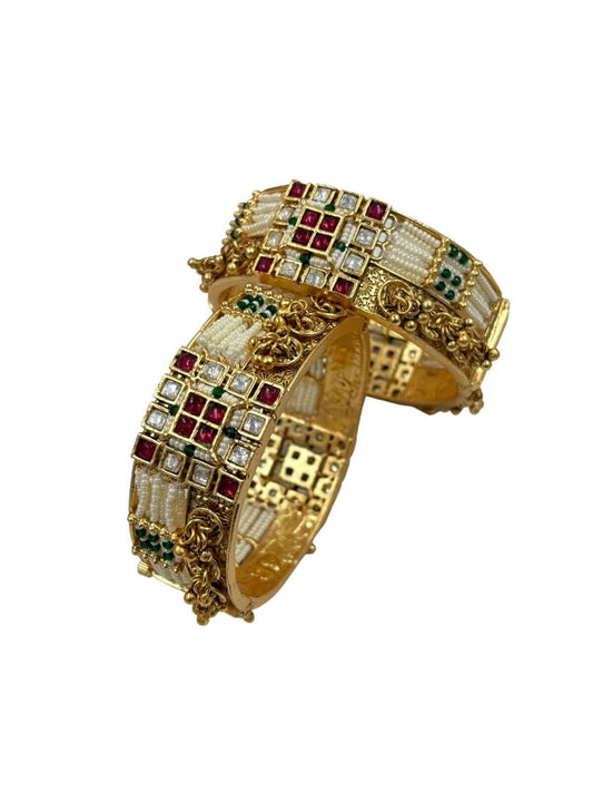 Nayana Gorgeous Antique Kundan Ruby Bangles With Pearls By Gehna Shop