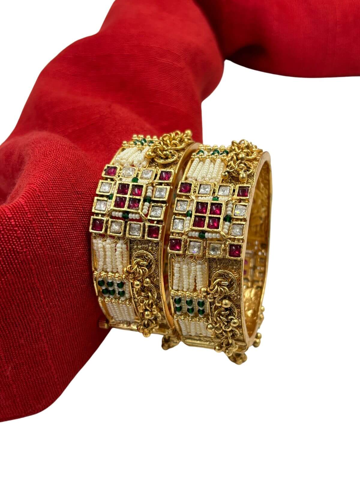 Nayana Gorgeous Antique Kundan Ruby Bangles With Pearls By Gehna Shop