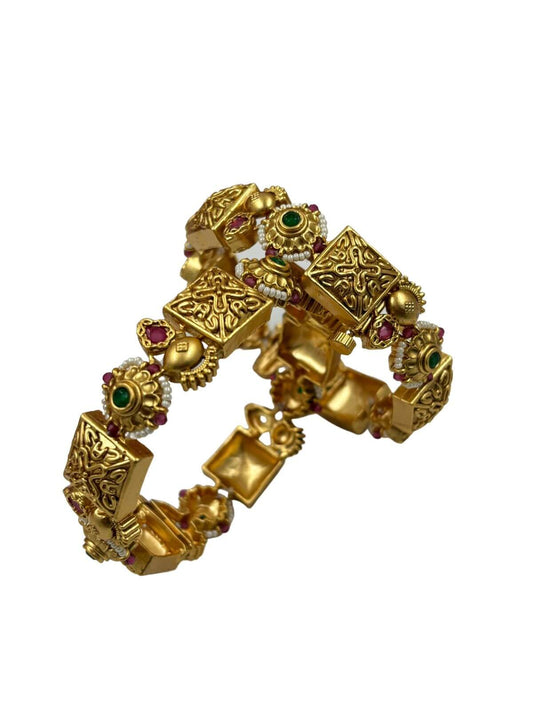 Traditional Antique Openable Gold Bangles Set By Gehna Shop handcrafted for weddings and parties online 