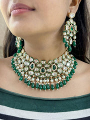 designer uncut Kundan Polki Green Bridal Jewellery Necklace Set
