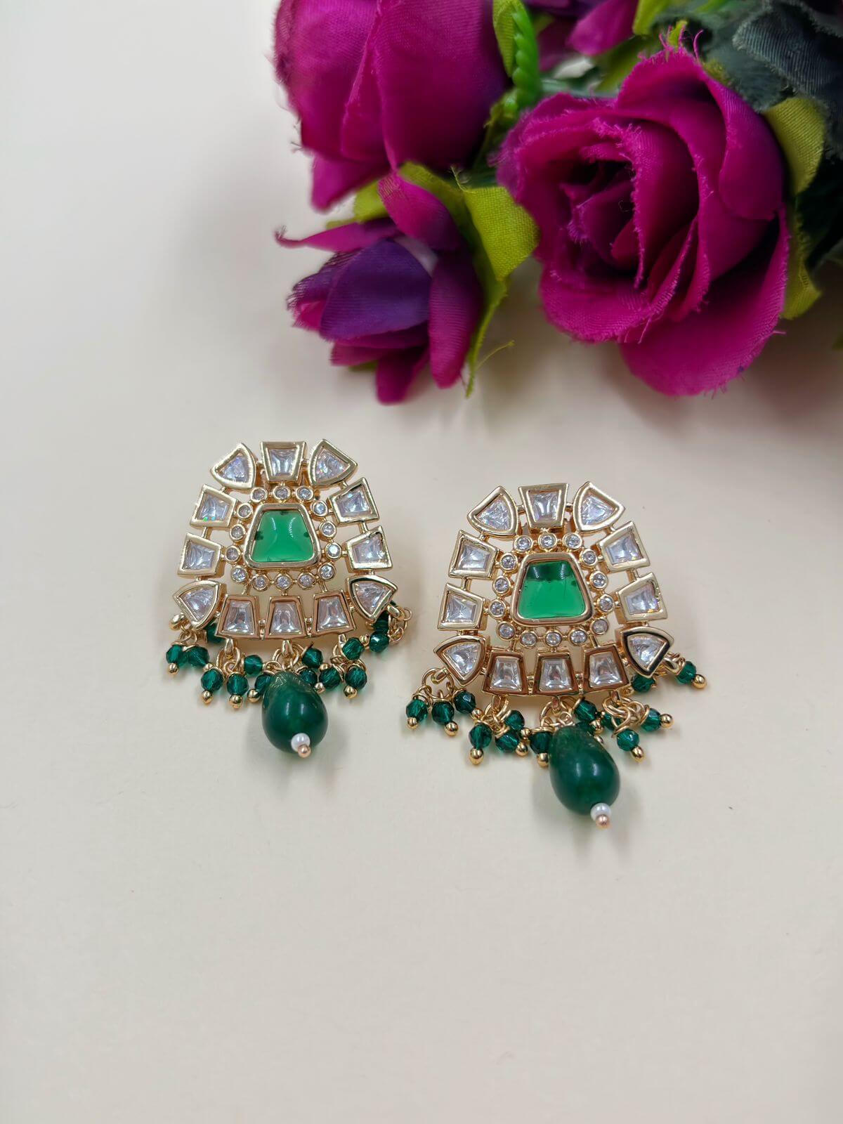 Norah Designer Uncut Big Polki Stud Earrings | Green  Oversize Stud Earrings
