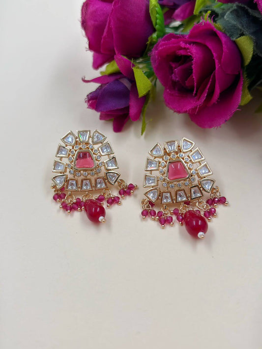 Norah Designer Uncut Big Polki Stud Earrings |Pink Oversize Stud Earrings