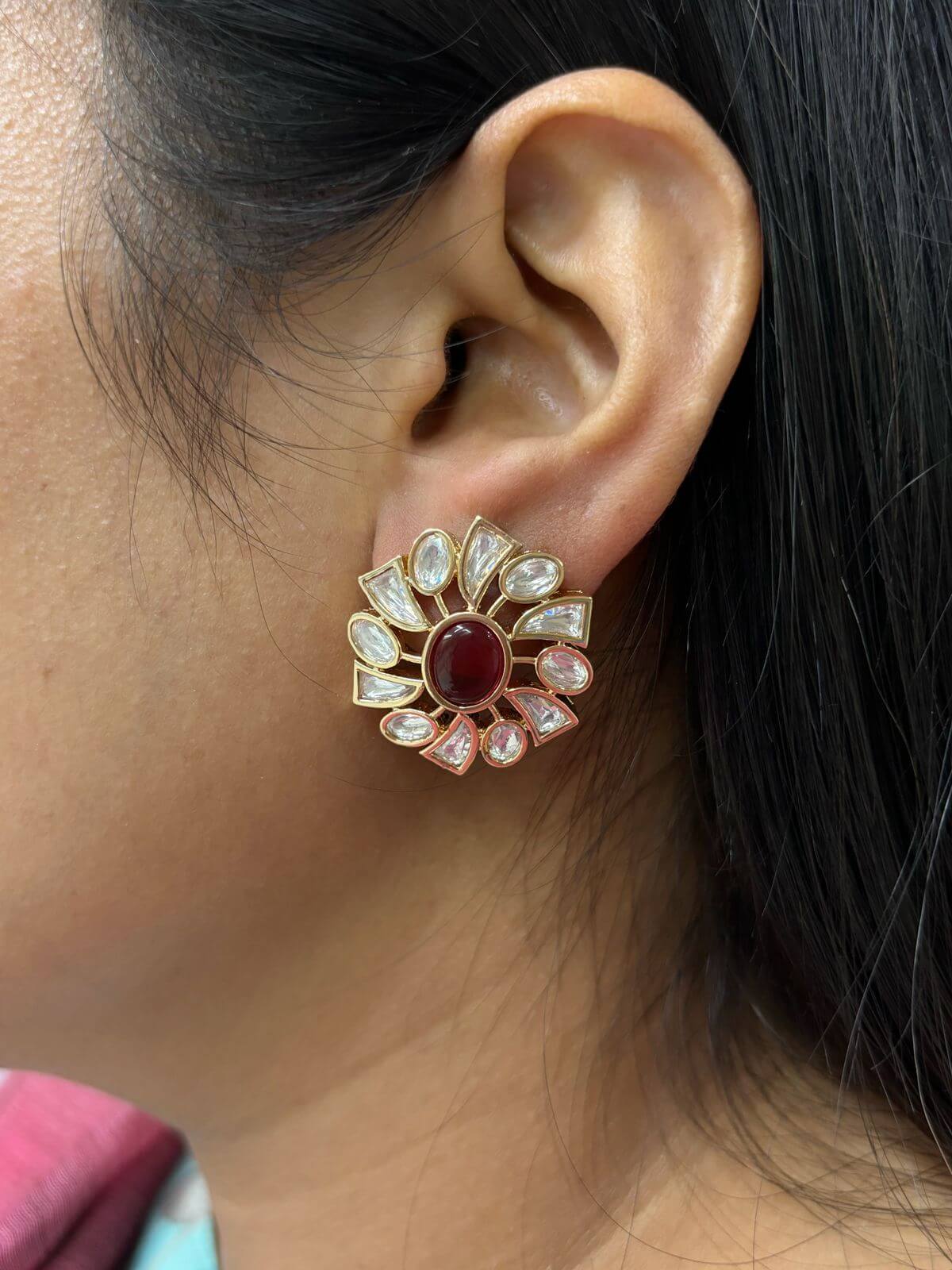 Unique Pink Polki Stud Earrings For Weddings And Parties