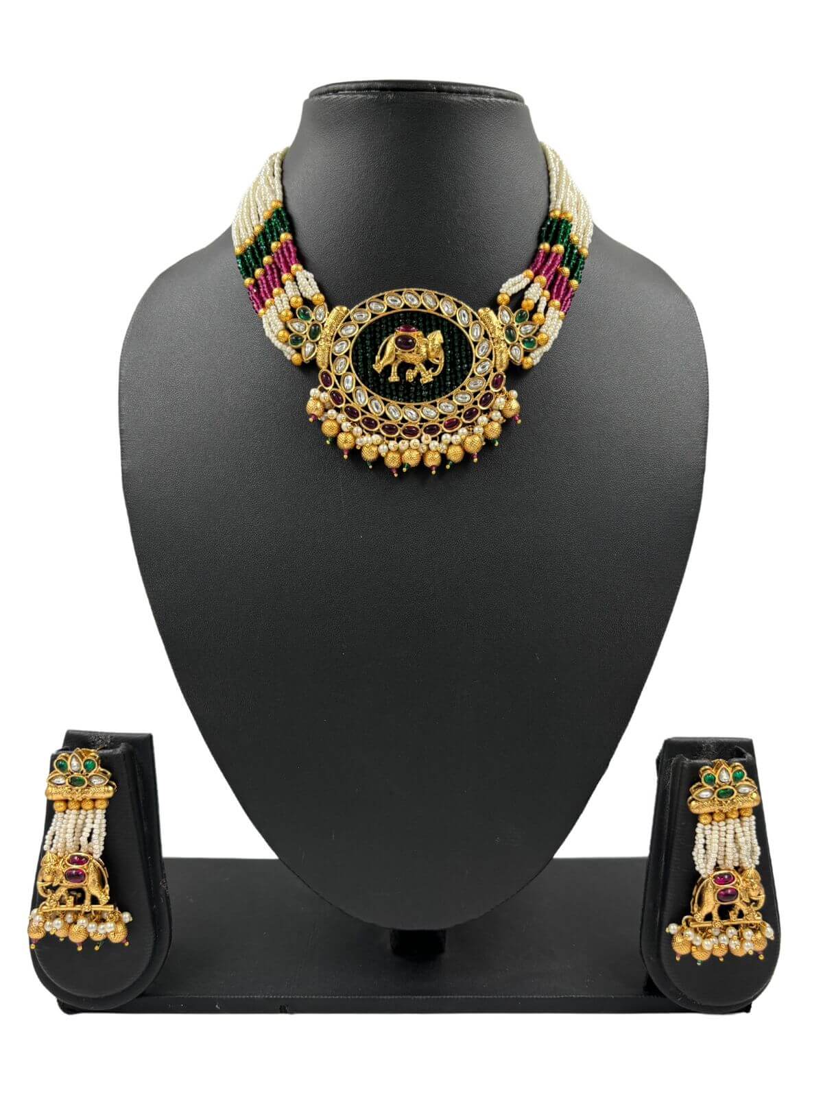Gold Plated Elephant Design Antique Gold Choker Necklace Set