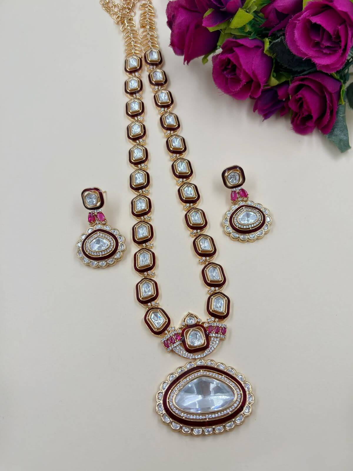  Designer Uncut Red Long Kundan Polki Necklace Set By Gehna Shop