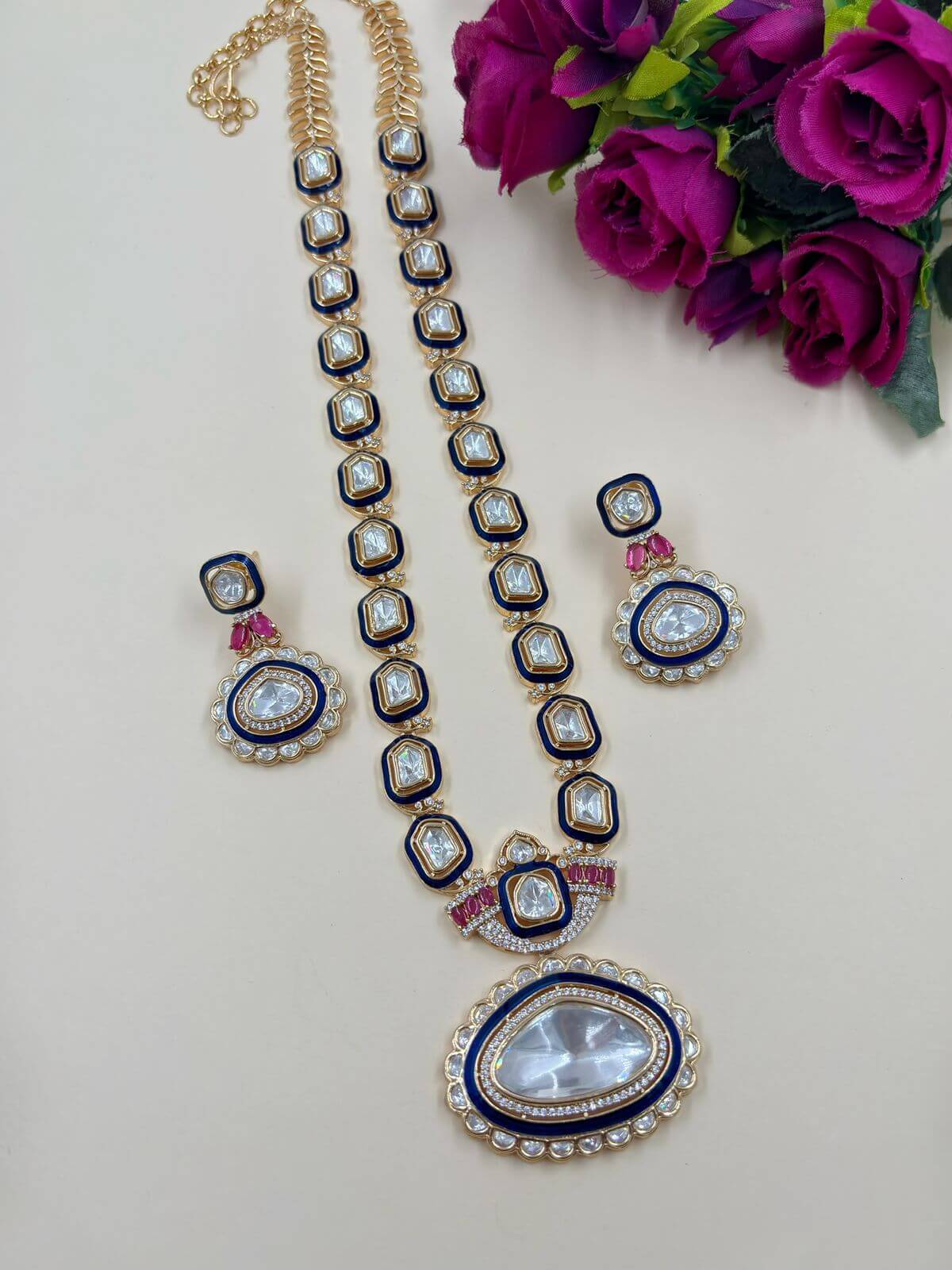  Designer Uncut Blue Long Kundan Polki Necklace Set By Gehna Shop
