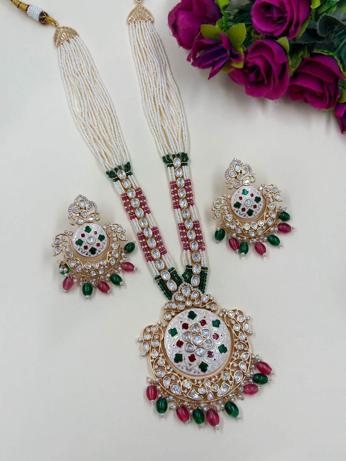  Royal Long Polki Kundan Pendant Necklace Set | Wedding Jewellery Set