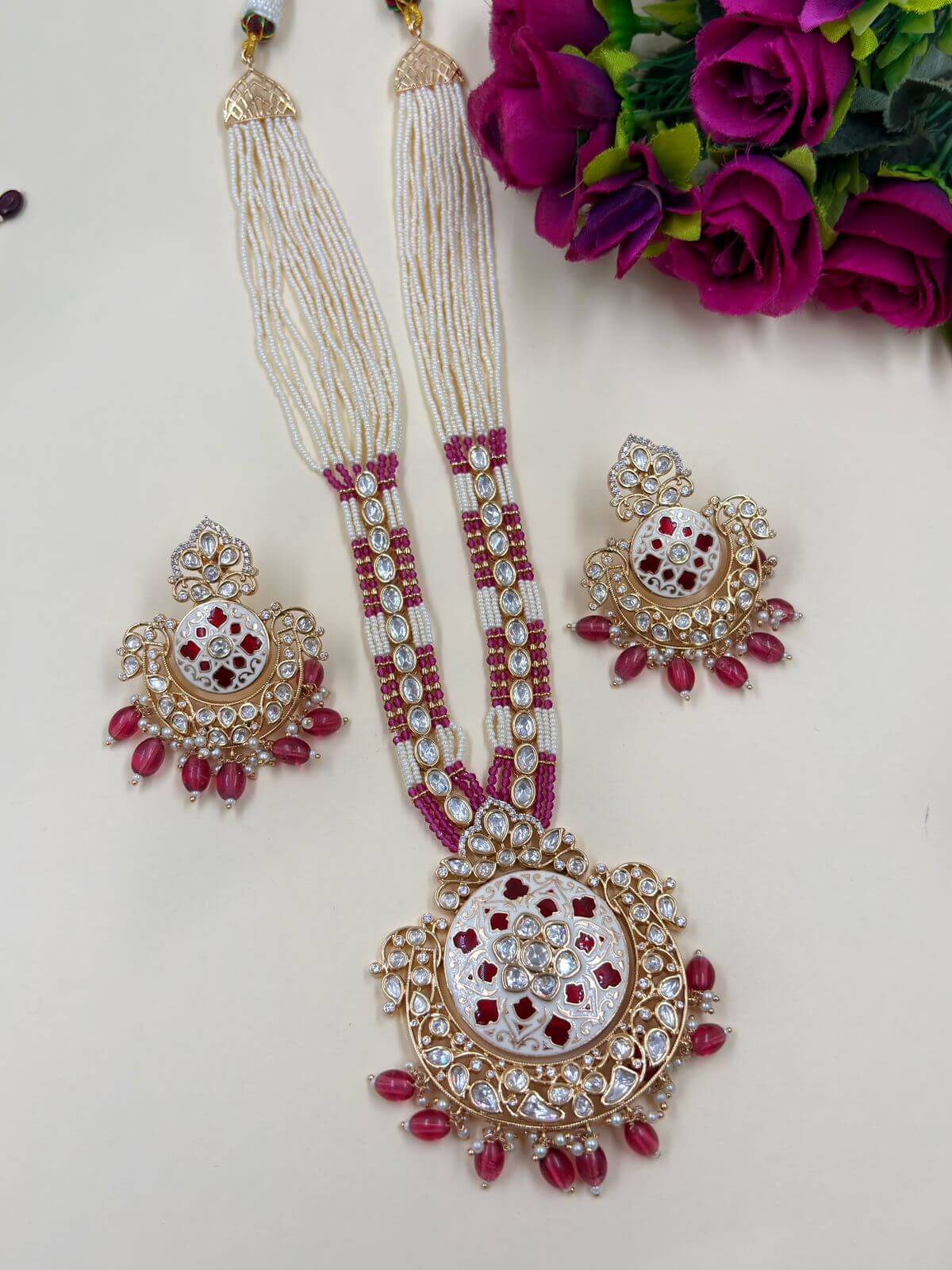 i Royal Long Polki Kundan Pendant Necklace Set | Pink Wedding Jewellery Set