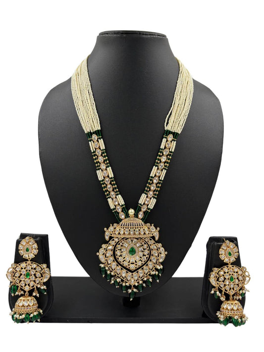 Green Long Polki Kundan Pendant Necklace Set | Designer Wedding Jewelry