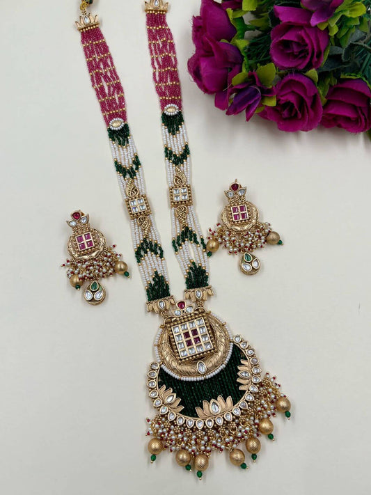 Puneeta Long Antique Gold Pendant Necklace Set With Pearls | Antique Jewellery  