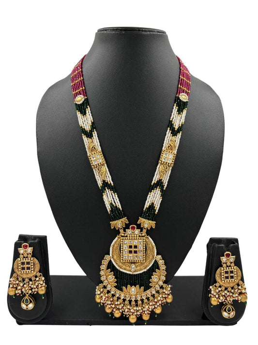 Puneeta Long Antique Gold Pendant Necklace Set With Pearls | Antique Jewellery  