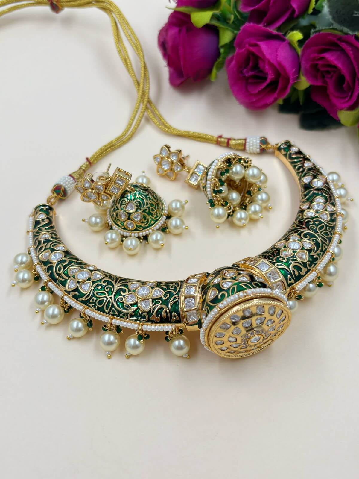  Royal Rajputi Kundan Polki Hasli Necklace Set with green meenakari
