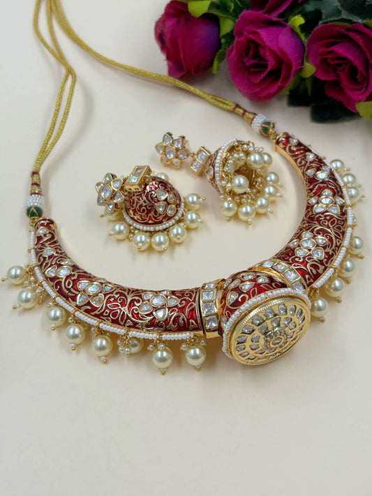  Royal Rajputi Kundan Polki Hasli Necklace Set with red meenakari.