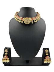 Royal Rajputi Kundan Polki Hasli Necklace Set  with red meenakari
