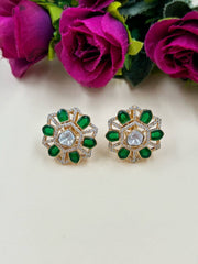 Designer Green Kundan Polki Stud Earrings For Ladies